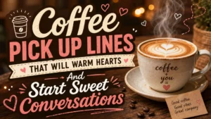 Cute coffee-themed pick up lines graphic with romantic café vibes and warm coffee cups for sweet conversations.