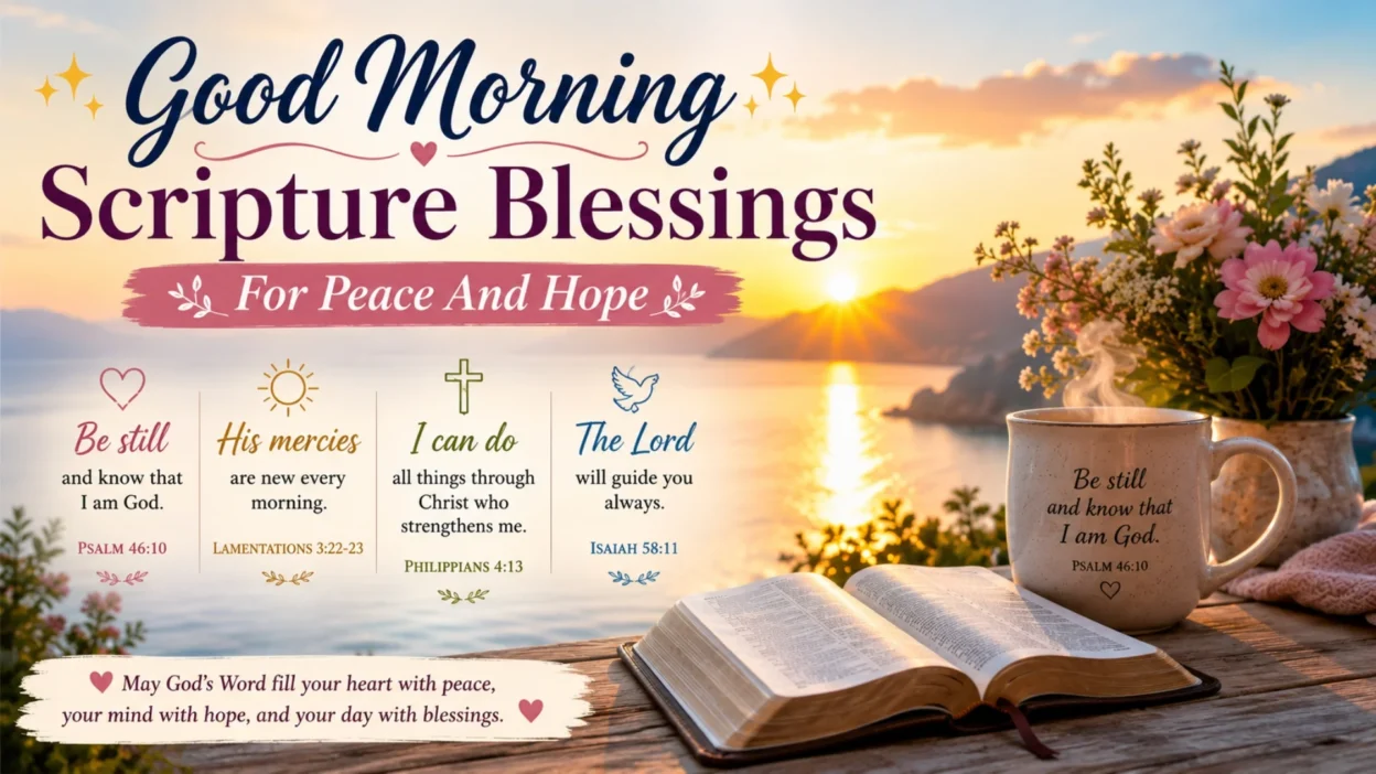 Good morning scripture blessings with peaceful sunrise, Bible verses, flowers, and inspiring Christian faith message