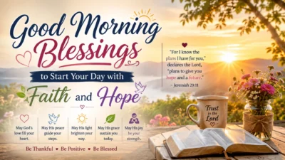 Golden sunrise over a peaceful landscape with an inspiring Good Morning blessing message about faith, hope, and gratitude.
