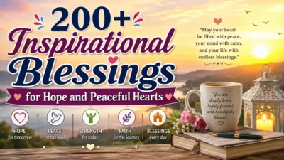Inspirational Blessings image with sunrise, peaceful lake, flowers, candle, and hopeful spiritual message