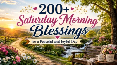 Saturday morning blessings image with sunrise, flowers, peaceful stream, and inspiring message for a joyful day