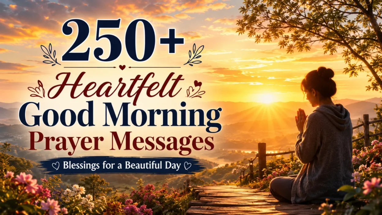 250+ Heartfelt Good Morning Prayer Messages with a peaceful sunrise, prayerful woman, and inspiring morning blessings