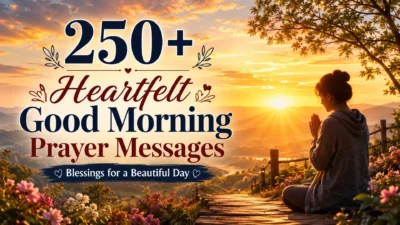 250+ Heartfelt Good Morning Prayer Messages with a peaceful sunrise, prayerful woman, and inspiring morning blessings