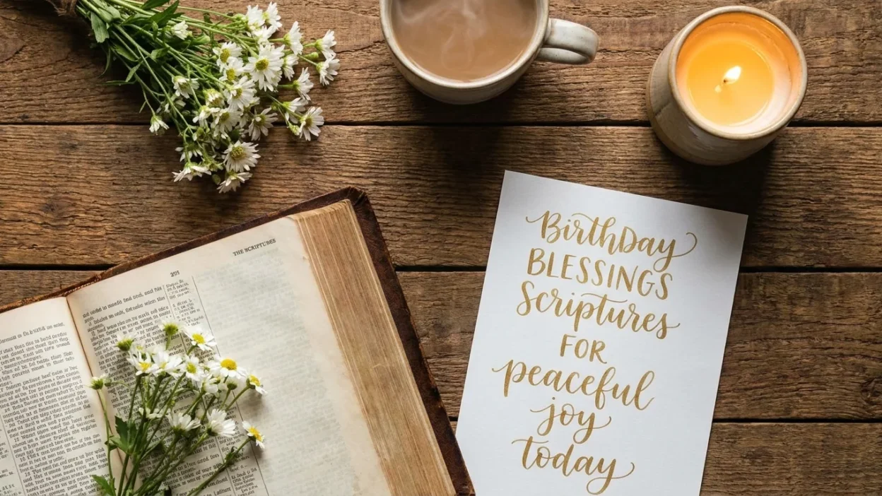 Birthday blessings scriptures image with Bible-inspired prayers, peaceful joy, faith, and spiritual hope
