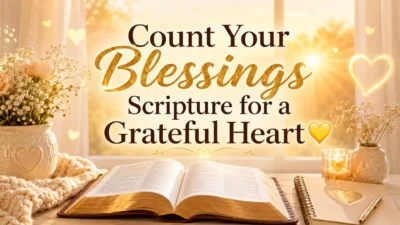 Count your blessings scripture image with open Bible, golden sunrise, flowers, hearts, and grateful heart theme