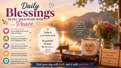 Daily blessings with a peaceful sunrise, Bible, flowers, and faith-filled message for hope, gratitude, and peace.