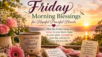 Friday Morning Blessings image with sunrise, flowers, coffee, and peaceful lake view