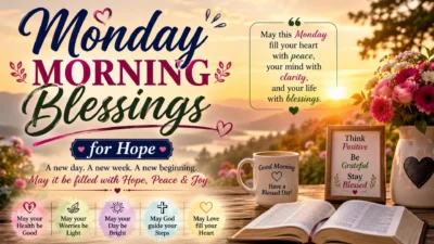 Monday morning blessings image with sunrise, flowers, coffee, Bible, and hopeful new week quotes