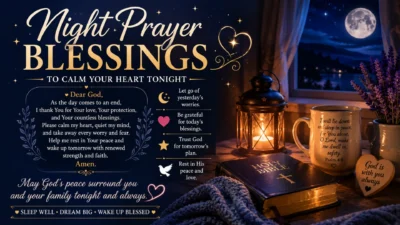 Night prayer blessings with a peaceful moonlit scene, Bible, candlelight, and comforting message for restful sleep.