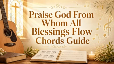 Praise God From Whom All Blessings Flow chords guide with guitar, hymnal, music notes, and warm church light