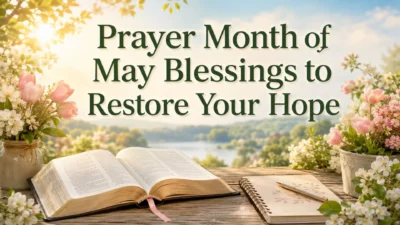 Prayer month of May blessings with Bible, flowers, and hopeful spring light