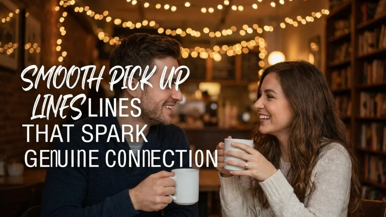 Smooth pick up lines illustration with a smiling couple sharing a charming conversation and romantic connection