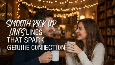 Smooth pick up lines illustration with a smiling couple sharing a charming conversation and romantic connection