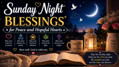 Sunday Night Blessings image with moon, candle, Bible, roses, and peaceful hopeful prayer