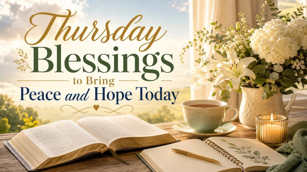 Thursday blessings with open Bible, tea, candle, flowers, and peaceful sunlight