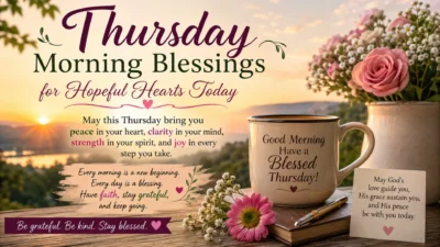 Thursday Morning Blessings image with sunrise, flowers, coffee cup, and peaceful hopeful morning message