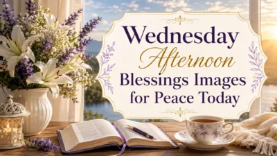 Wednesday afternoon blessings images with Bible, flowers, tea, and peaceful sunlight