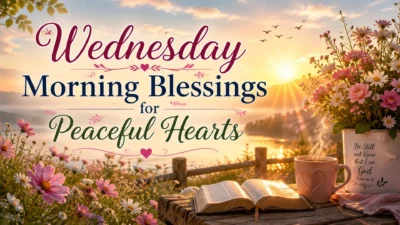 Wednesday Morning Blessings image with peaceful sunrise, flowers, Bible, coffee, and calm lake view