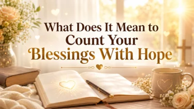 Count your blessings meaning image with open Bible, golden sunrise, candle, hearts, and hopeful gratitude theme