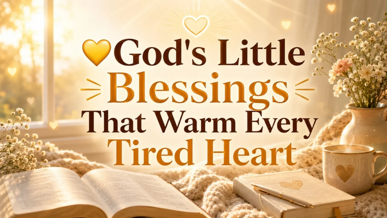 God's little blessings image with warm sunrise, Bible, flowers, heart, and peaceful spiritual comfort