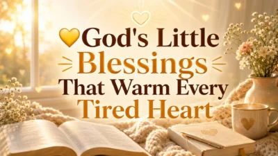 God's little blessings image with warm sunrise, Bible, flowers, heart, and peaceful spiritual comfort