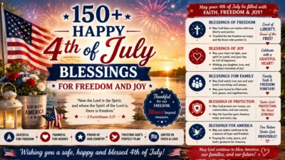 Happy 4th of July blessings image with American flag, fireworks, sunset, flowers, and faith-filled freedom messages.