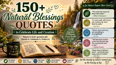 Natural blessings quotes image with sunrise, waterfall, lake, mountains, flowers, journal, and inspiring nature messages.