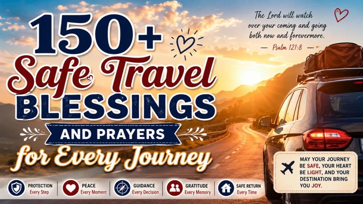 Safe travel blessings and prayers image with a road trip, sunrise, car, and Psalm 121:8 message.