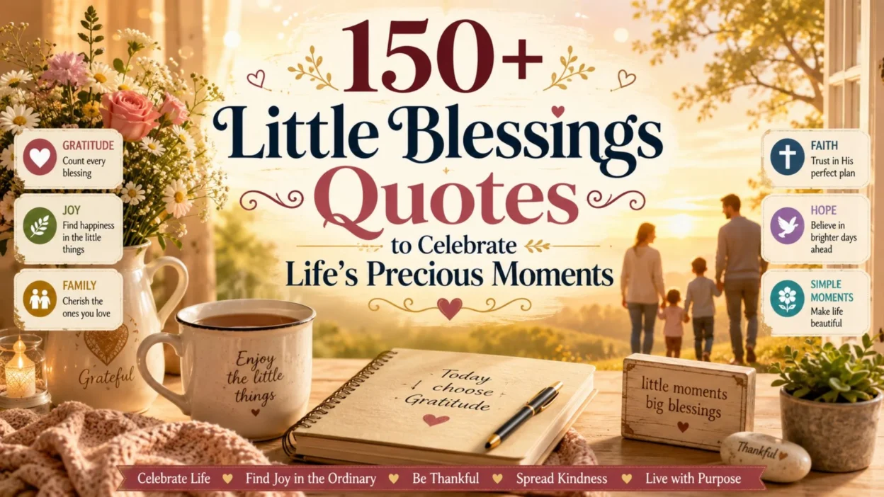 Little blessings quotes image with flowers, family, warm drink, gratitude journal, and peaceful sunset.