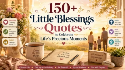 Little blessings quotes image with flowers, family, warm drink, gratitude journal, and peaceful sunset.