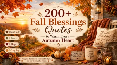 Fall blessings quotes image with autumn leaves, pumpkins, cozy blanket, warm drink, lantern, and sunset scenery.