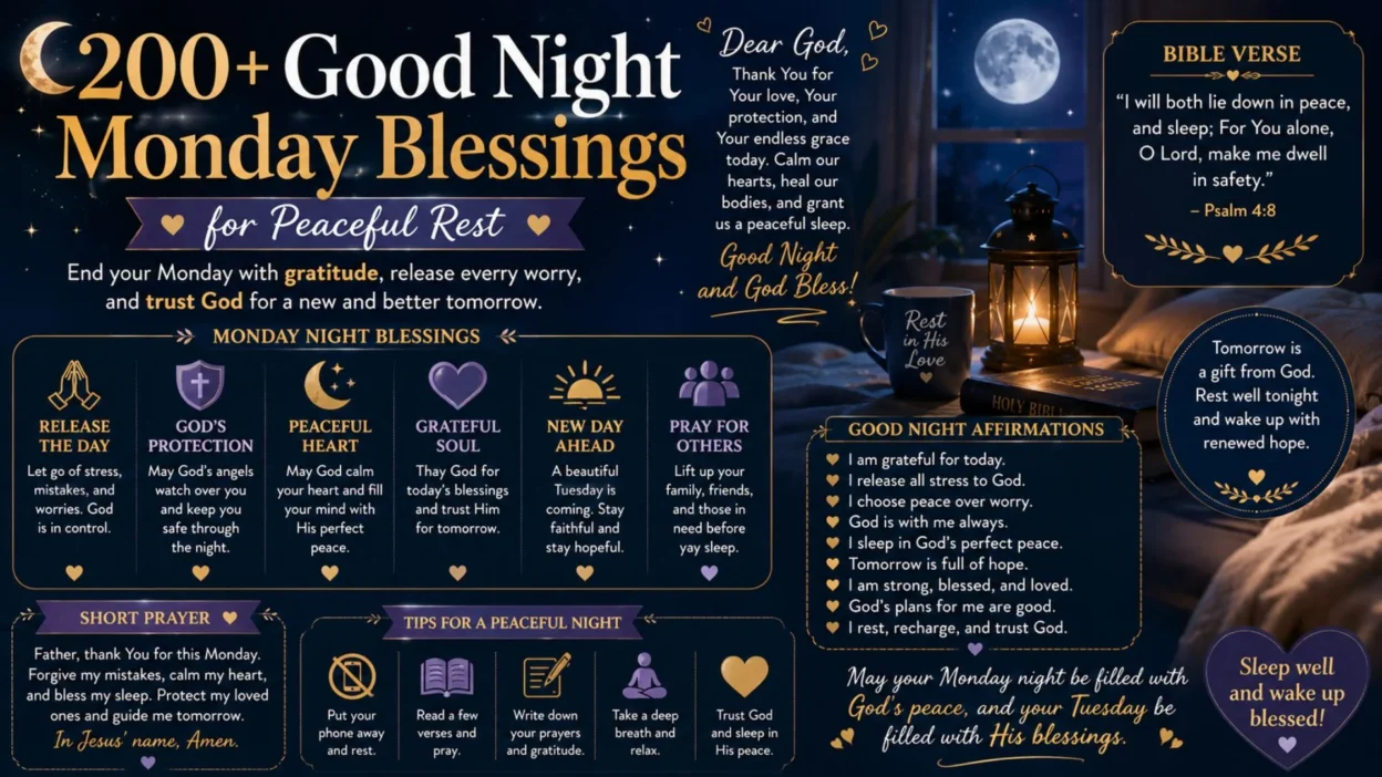 Good night Monday blessings image with moon, lantern, Bible, cozy bed, prayers, and peaceful rest messages.