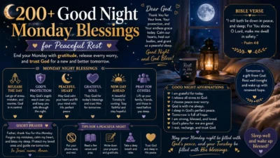 Good night Monday blessings image with moon, lantern, Bible, cozy bed, prayers, and peaceful rest messages.
