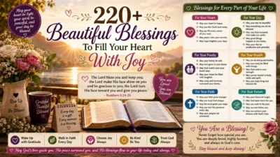 Beautiful blessings image with sunrise, open Bible, flowers, coffee, and joyful faith messages for every part of life.