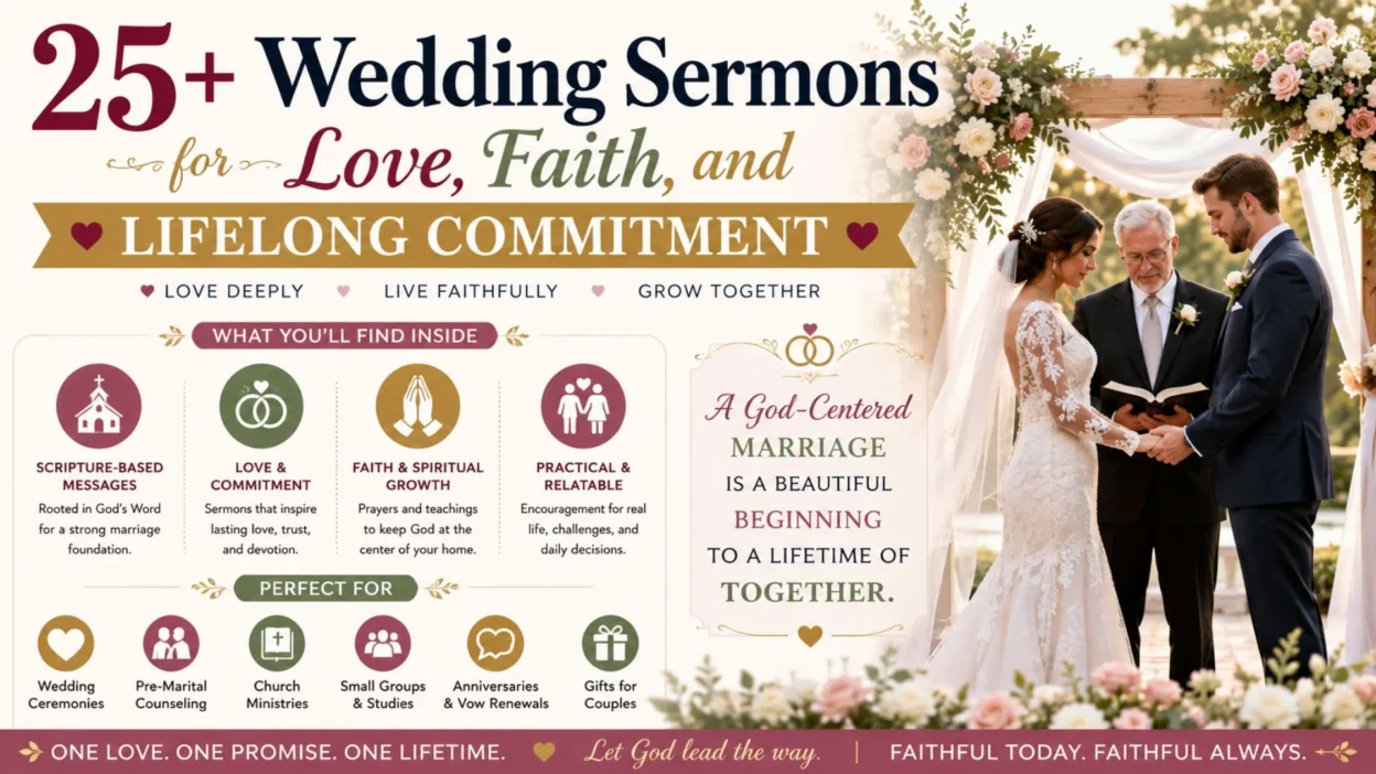 Wedding sermons image with bride, groom, pastor, floral altar, and themes of love, faith, and lifelong commitment.