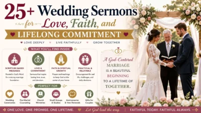 Wedding sermons image with bride, groom, pastor, floral altar, and themes of love, faith, and lifelong commitment.
