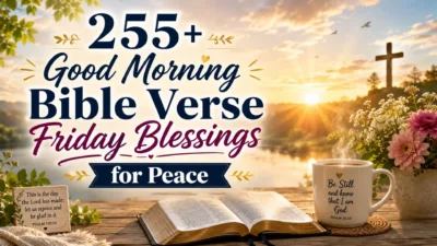 Good morning Bible verse Friday blessings image with sunrise, open Bible, coffee mug, flowers, and peaceful scripture.