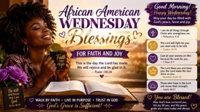 African American Wednesday blessings image with a joyful Black woman, open Bible, coffee, sunrise, and faith verses.