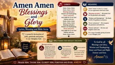 Amen Amen Blessings and Glory image with cross, Bible, sunrise, lyrics meaning, and worship verses.