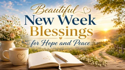 Beautiful new week blessings with sunrise, flowers, journal, tea cup, and peaceful nature path