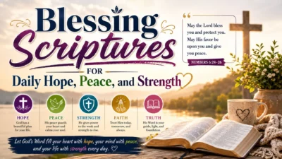 Blessing scriptures image with an open Bible, cross, flowers, and peaceful sunrise for daily hope, peace, and strength.
