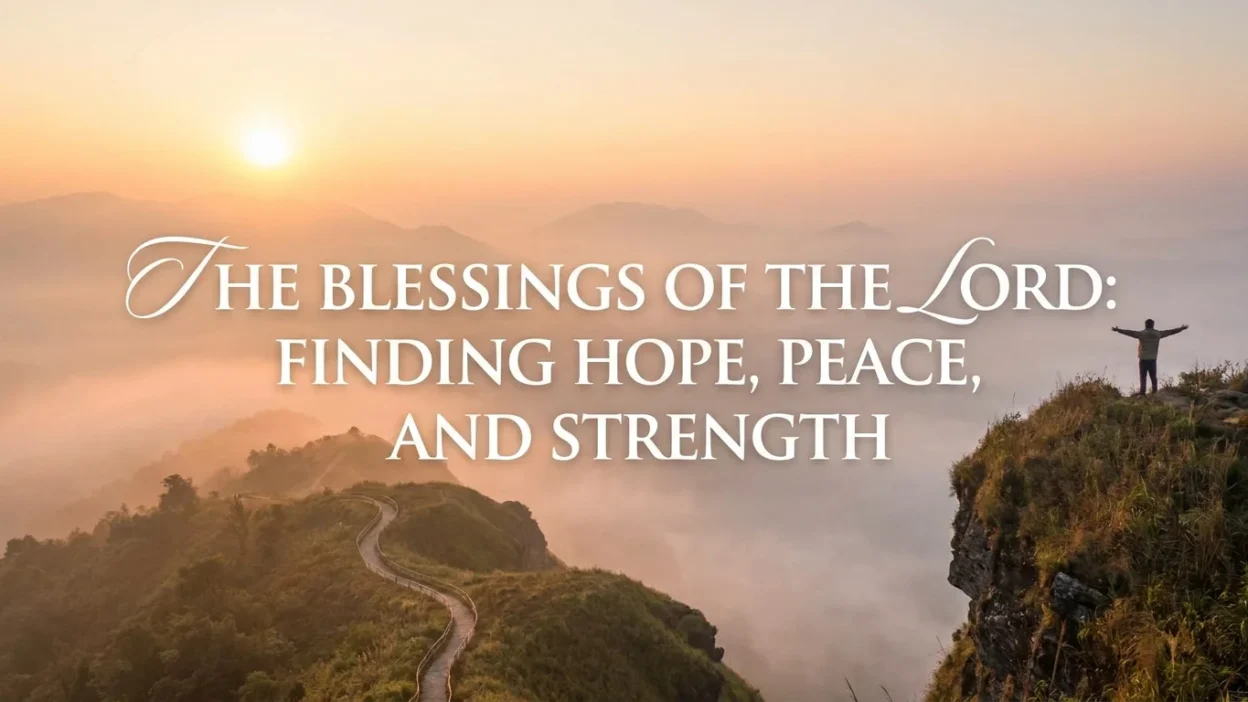 Sunrise over peaceful mountains symbolizing the blessings of the Lord, bringing hope, peace, strength, and renewed faith.