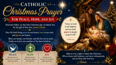 Catholic Christmas prayer image with the Holy Family, nativity scene, candles, and themes of peace, hope, and joy.