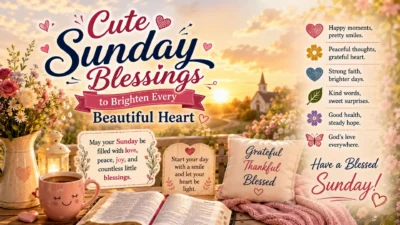 Cute Sunday blessings image with sunrise, Bible, flowers, cozy mug, church, and joyful faith-filled messages.