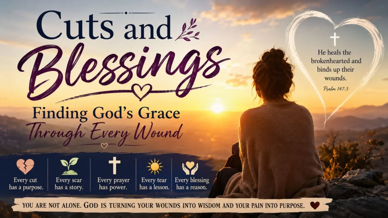 Cuts and Blessings inspirational Christian image with sunrise, prayer, Bible verse, and God's healing grace after life's wounds.