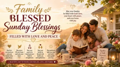 Family blessed Sunday blessings image with parents, children, Bible, flowers, sunrise, and peaceful faith message.