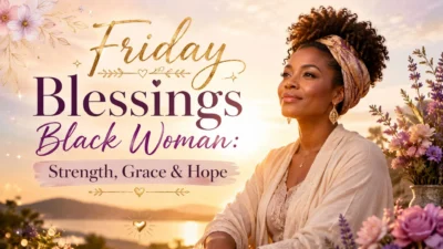 Black woman in golden sunrise beside Friday blessings message about strength, grace, and hope