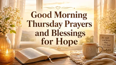 Good morning Thursday prayers and blessings cover with sunrise, open Bible, candle, flowers, and tea