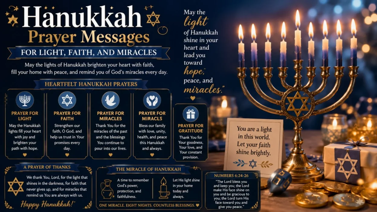 Hanukkah prayer messages image with glowing menorah, candles, dreidel, gifts, and blessings for light, faith, and miracles.