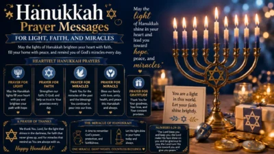 Hanukkah prayer messages image with glowing menorah, candles, dreidel, gifts, and blessings for light, faith, and miracles.